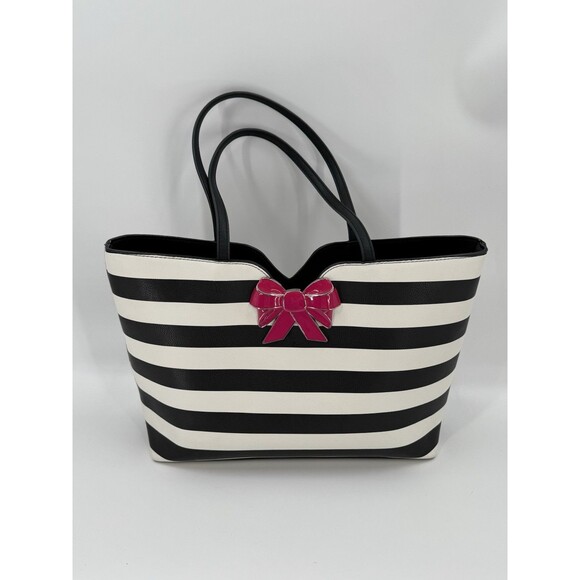 Betsey Johnson KITSCH Black White Striped Pink Bow Large Tote Shoulder Bag EUC - Picture 7 of 16